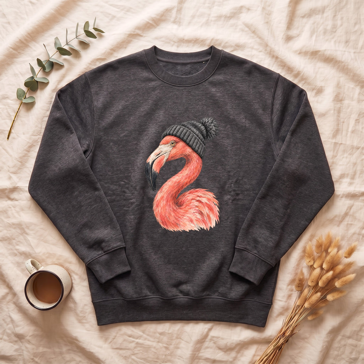 Flamingo Wearing Knit Winter Hat Sweatshirt | Cozy Holiday Bird Crewneck