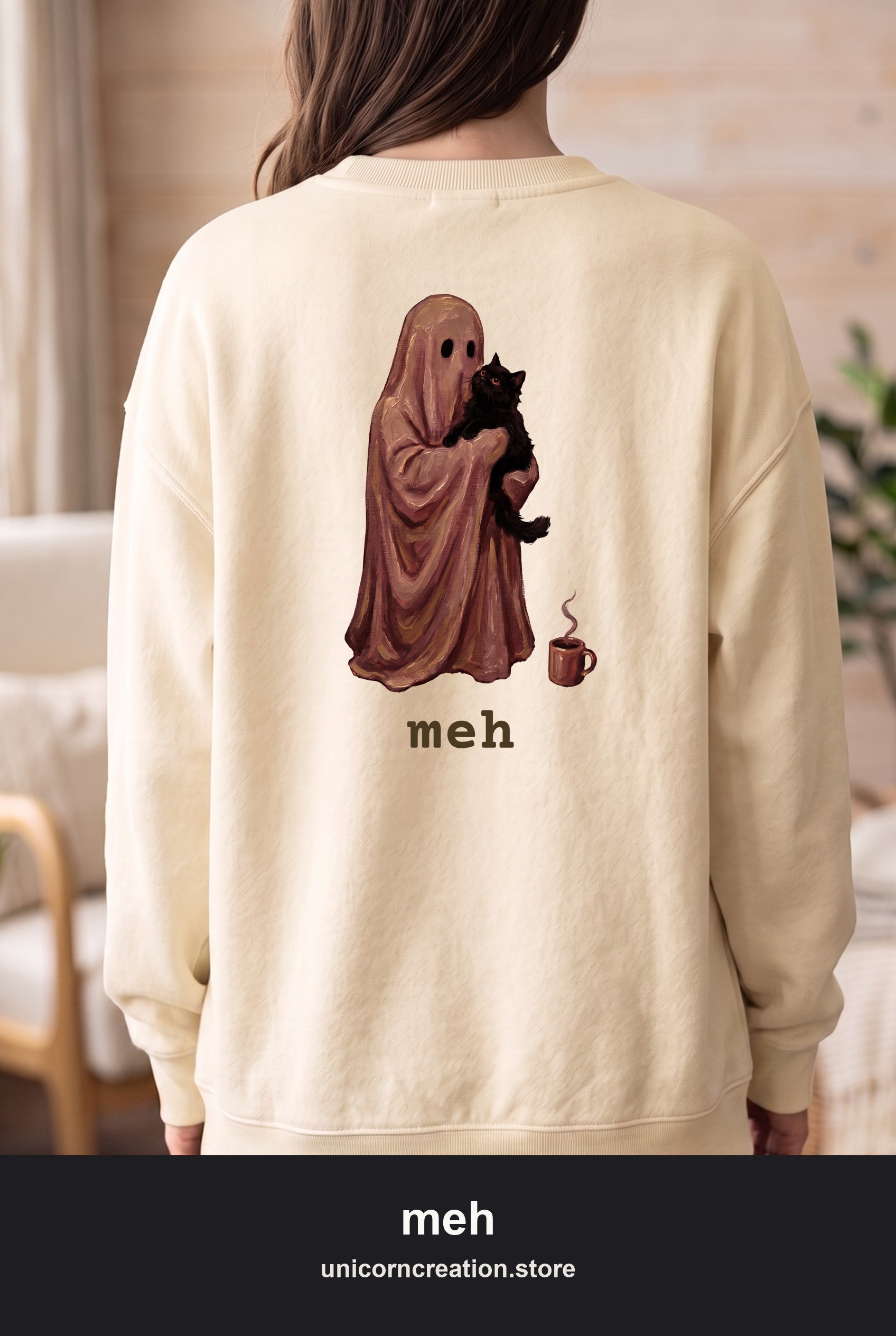 Meh Ghost Holding Cat Sweatshirt, Deadpan Halloween Sweatshirt, Oversized Cozy Ghost Crewneck, Funny Black Cat Lover Gift