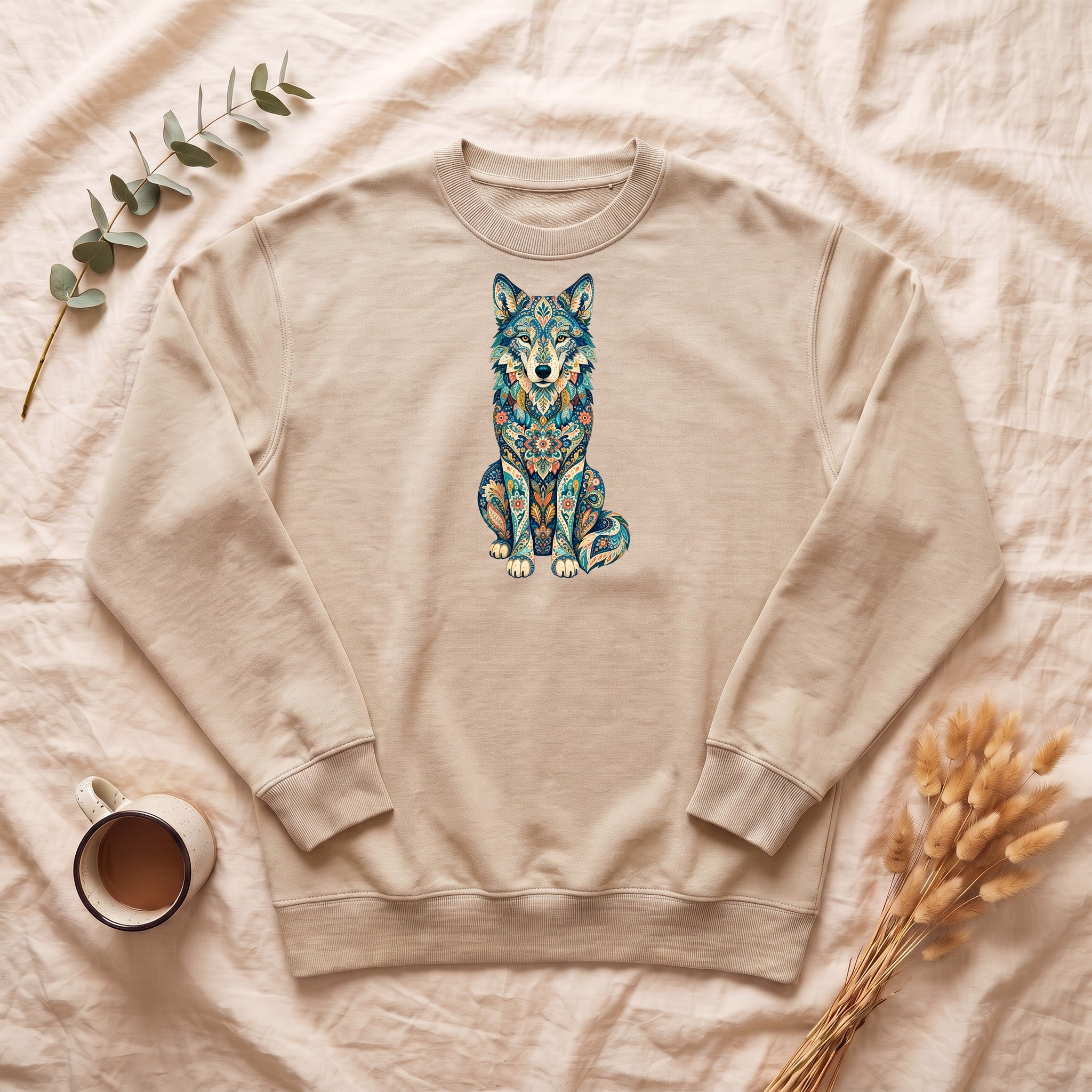Boho Wolf Shirt, Folk Art Wolf Tee, Japanese Pattern Wolf Lover Gift, Vintage Floral Wolf Sweatshirt
