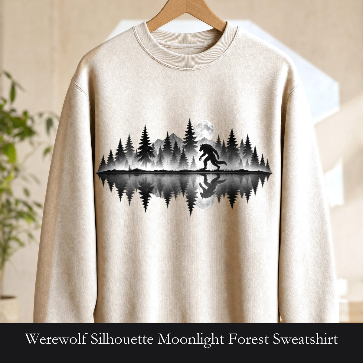Werewolf Silhouette Moonlight Forest Sweatshirt | Werewolf Lake Reflection