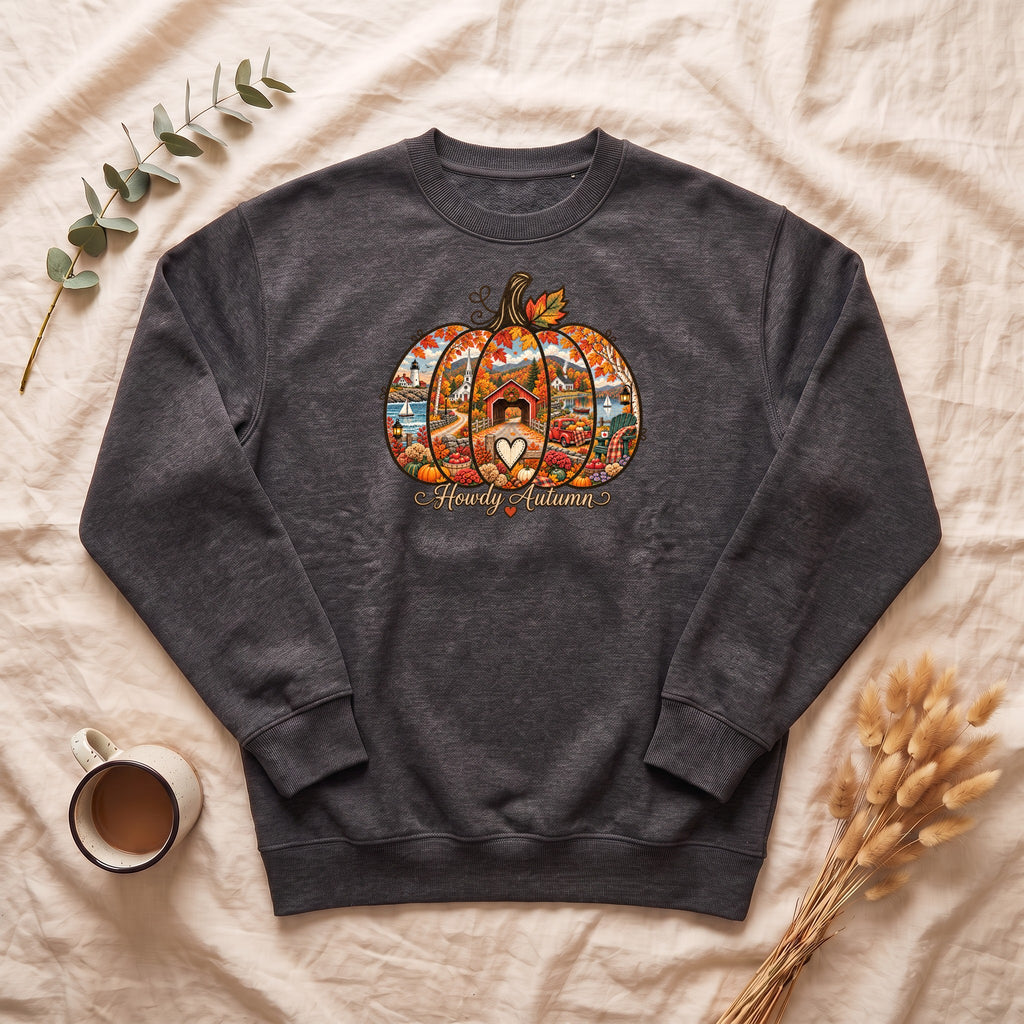 Howdy Autumn Pumpkin Crewneck Sweatshirt | Fall Patchwork Pumpkin Design, Vintage design