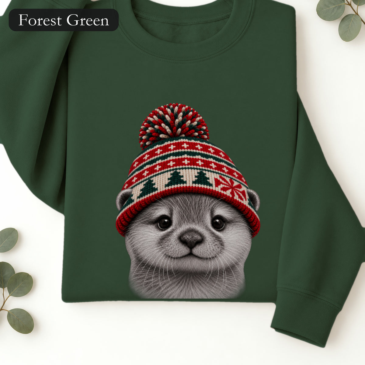 Otter Wearing Knit Christmas Winter Hat Sweatshirt | Cute Holiday Animal Crewneck