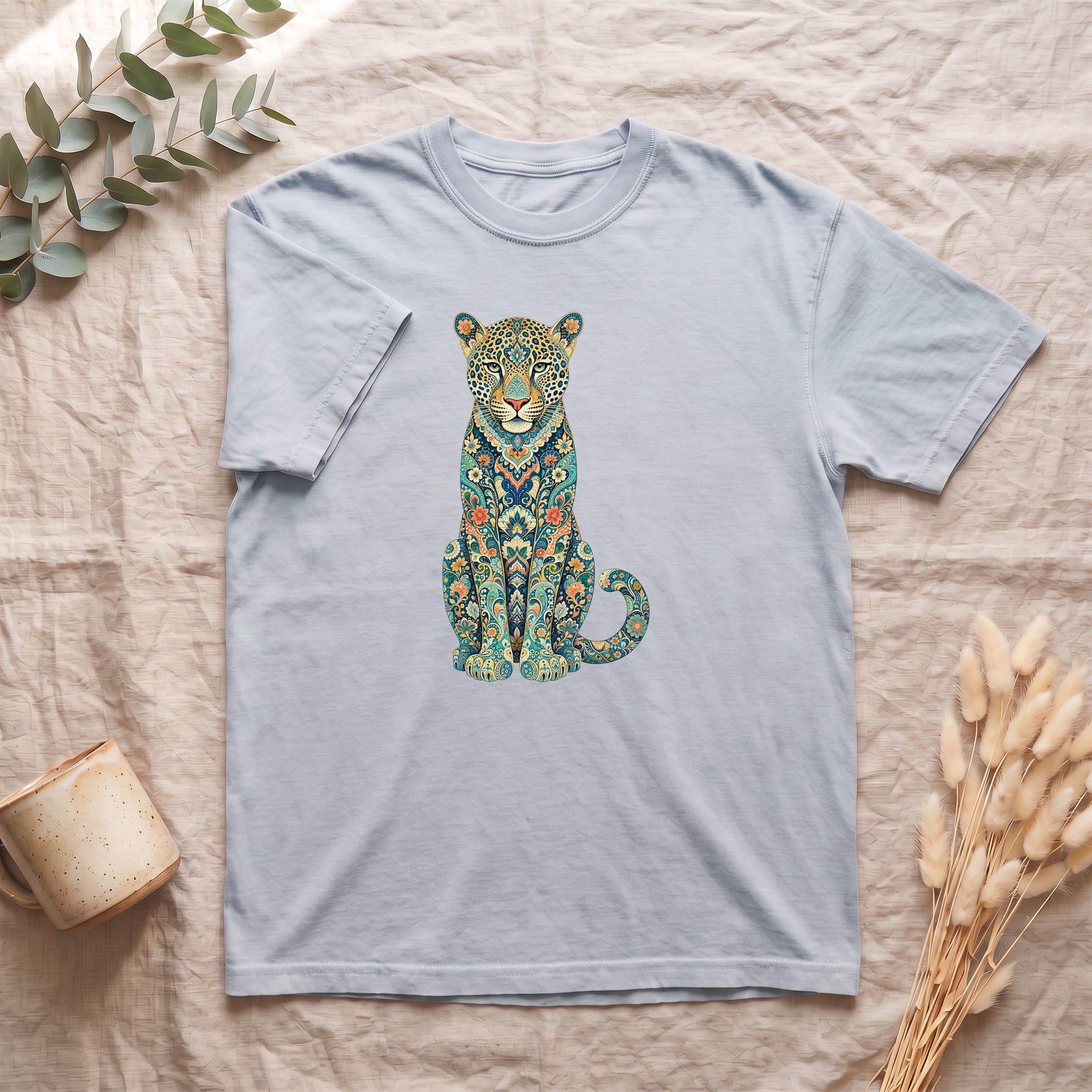 Boho Leopard Shirt, Folk Art Leopard Tee, Japanese Pattern Big Cat Lover Gift, Vintage Floral Leopard Sweatshirt