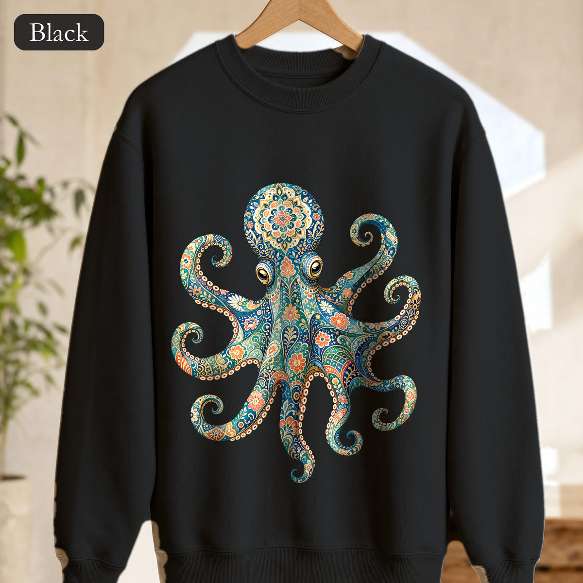 Boho Octopus Shirt, Folk Art Octopus Tee, Japanese Pattern Ocean Lover Gift, Vintage Floral Octopus Sweatshirt