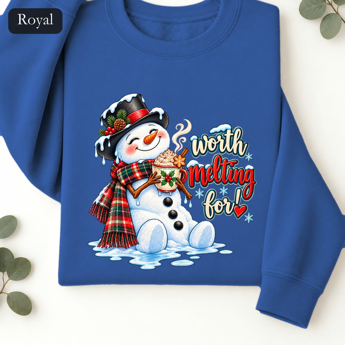 Worth melting for -Snowman with with cocoa Sweatshirt | Christmas Holiday Snowman Crewneck