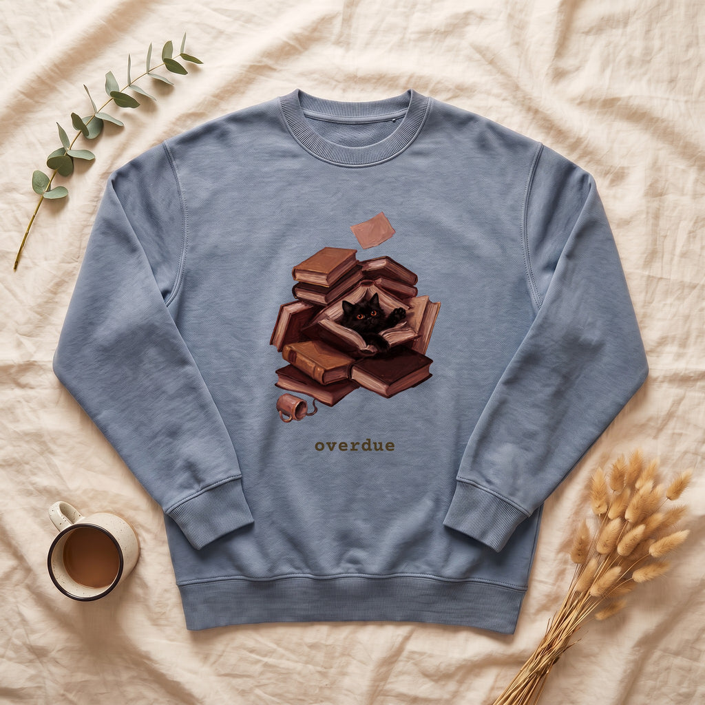 Overdue Cat & Books Sweatshirt, Funny Librarian Crewneck, Bookworm Book Lover Sweatshirt, Library Staff Reader Gift