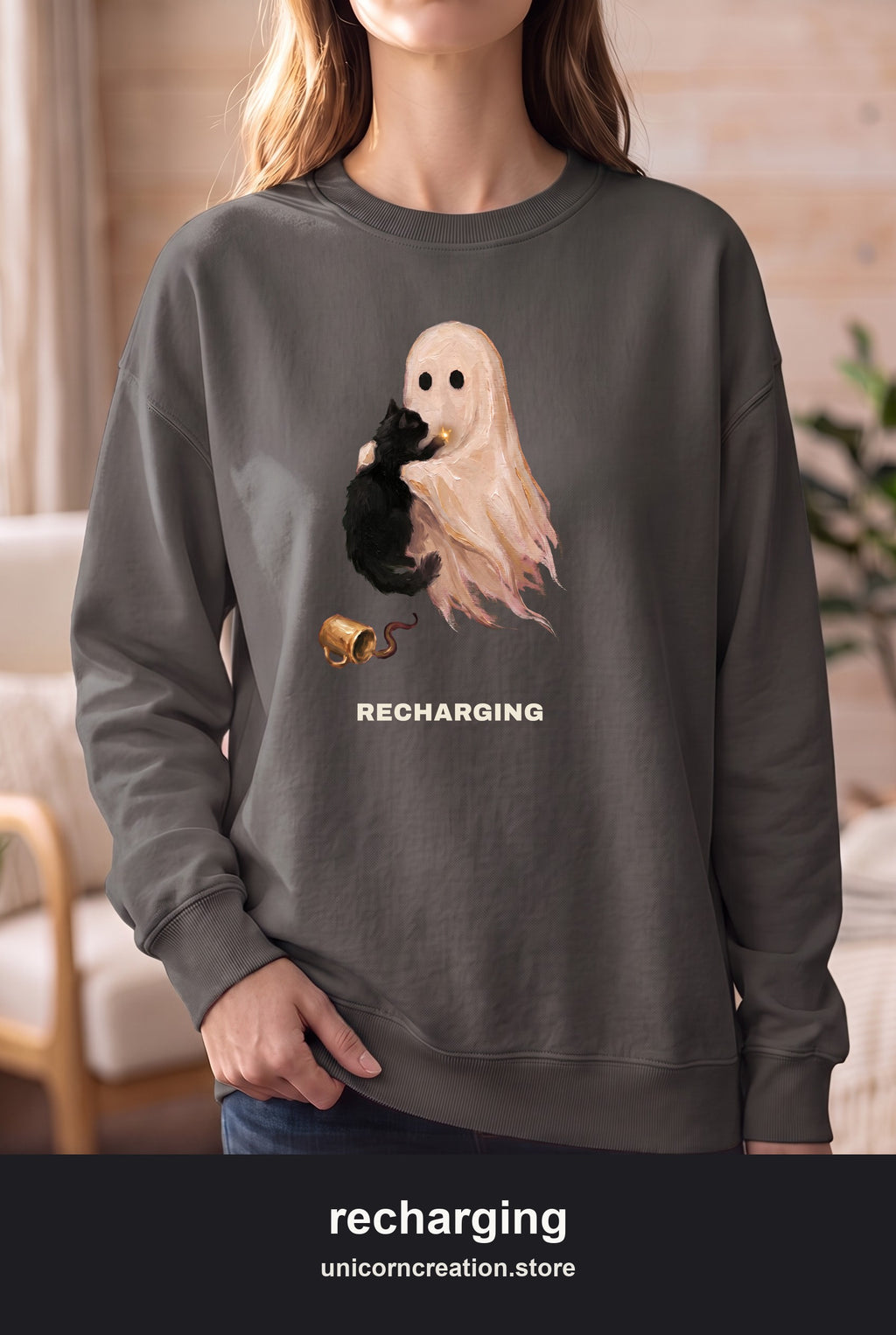Recharging Ghost & Cat Sweatshirt, Social Battery Introvert Crewneck, Funny Homebody Halloween Sweatshirt, Cozy Cat Lover Gift