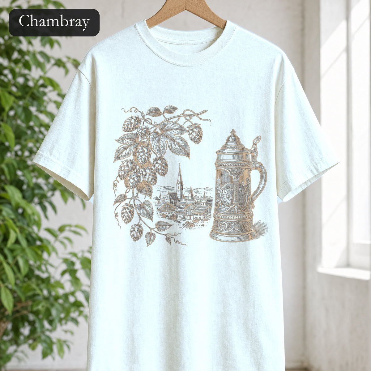 Vintage Beer Stein Illustration Shirt | Hops Vine Scenic Design