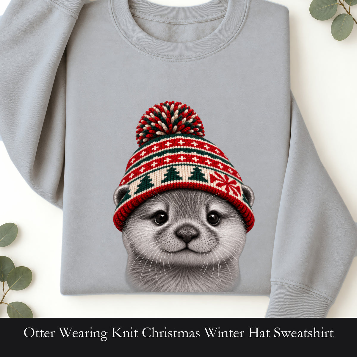 Otter Wearing Knit Christmas Winter Hat Sweatshirt | Cute Holiday Animal Crewneck