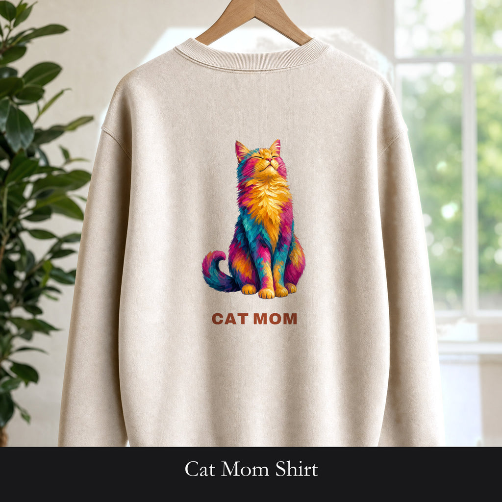 Cat Mom Shirt, Vibrant Painterly Cat Tee, Bold Cat Lover Gift, Colorful Cat Owner Sweatshirt