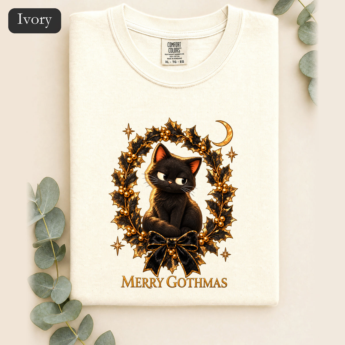 Merry Gothmas Black Cat Shirt | Gothic Christmas Holly Wreath and Crescent Moon Tee, Spooky Cat Lover Holiday Gift