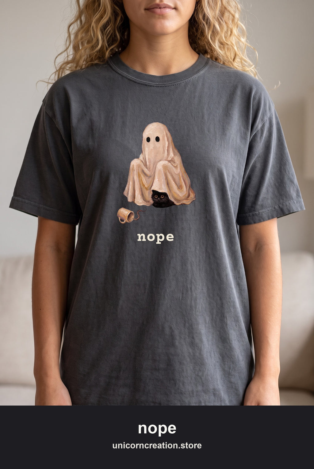 Nope Ghost & Black Cat Shirt, Cozy Halloween Introvert Tee, Homebody Ghost Tee, Funny Spooky Season Cat Lover Gift