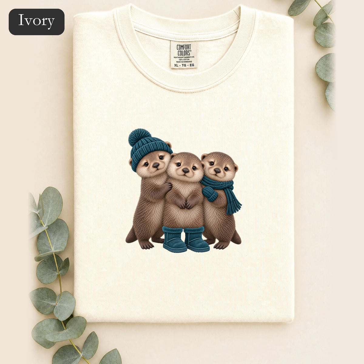 Three Otters Wearing Winter Hats Boots shirt | Cute Otter Trio Design