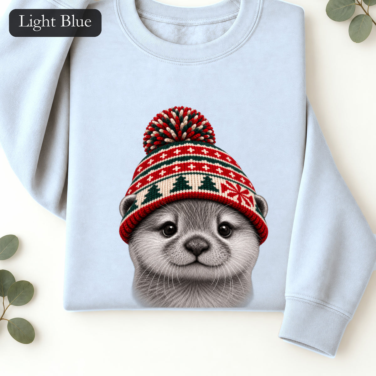 Otter Wearing Knit Christmas Winter Hat Sweatshirt | Cute Holiday Animal Crewneck