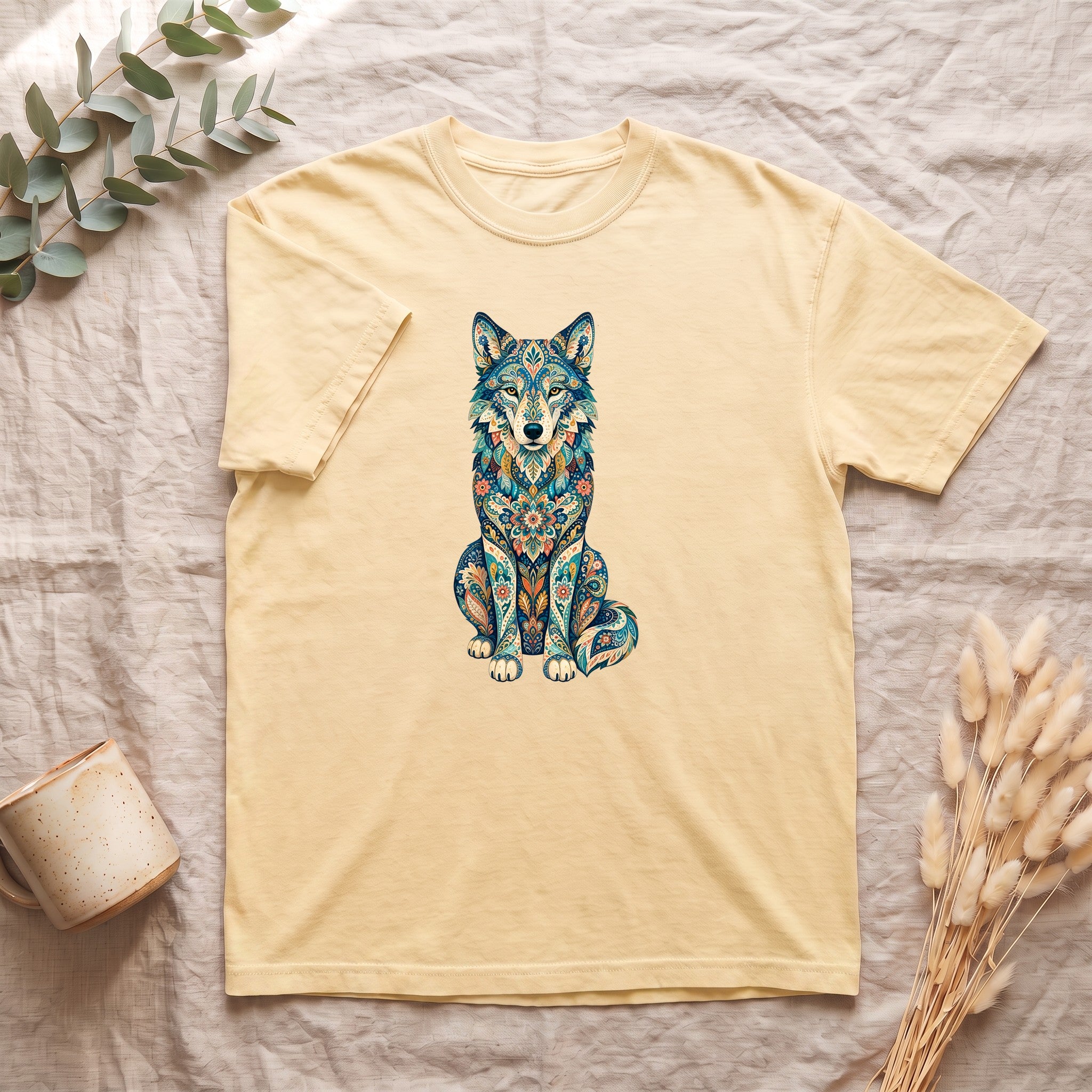 Boho Wolf Shirt, Folk Art Wolf Tee, Japanese Pattern Wolf Lover Gift, Vintage Floral Wolf Sweatshirt