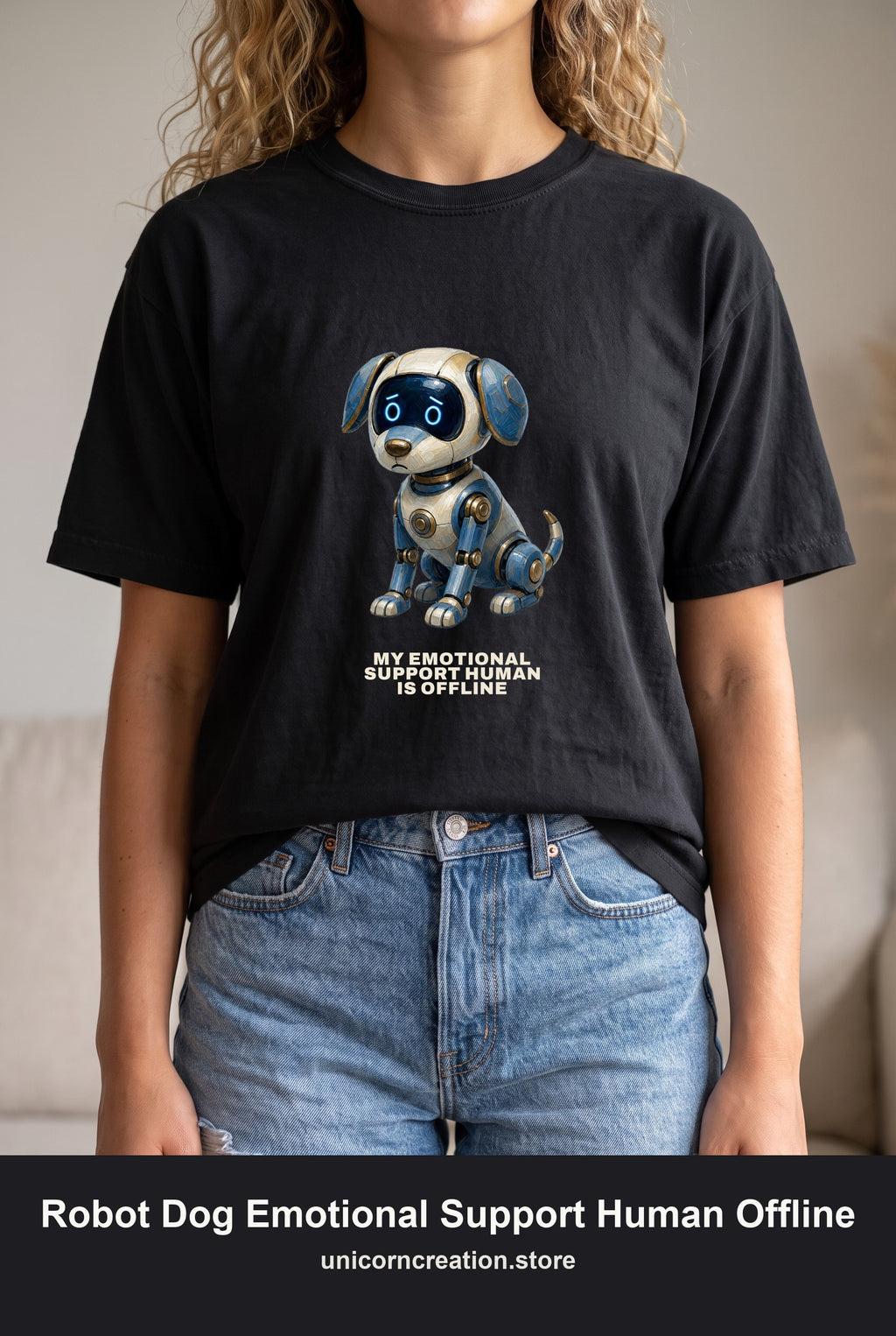 Robot Dog Emotional Support Human Offline Shirt, Funny AI Dog Tee, Tech Programmer Gift, Sci-Fi Humor Sweatshirt