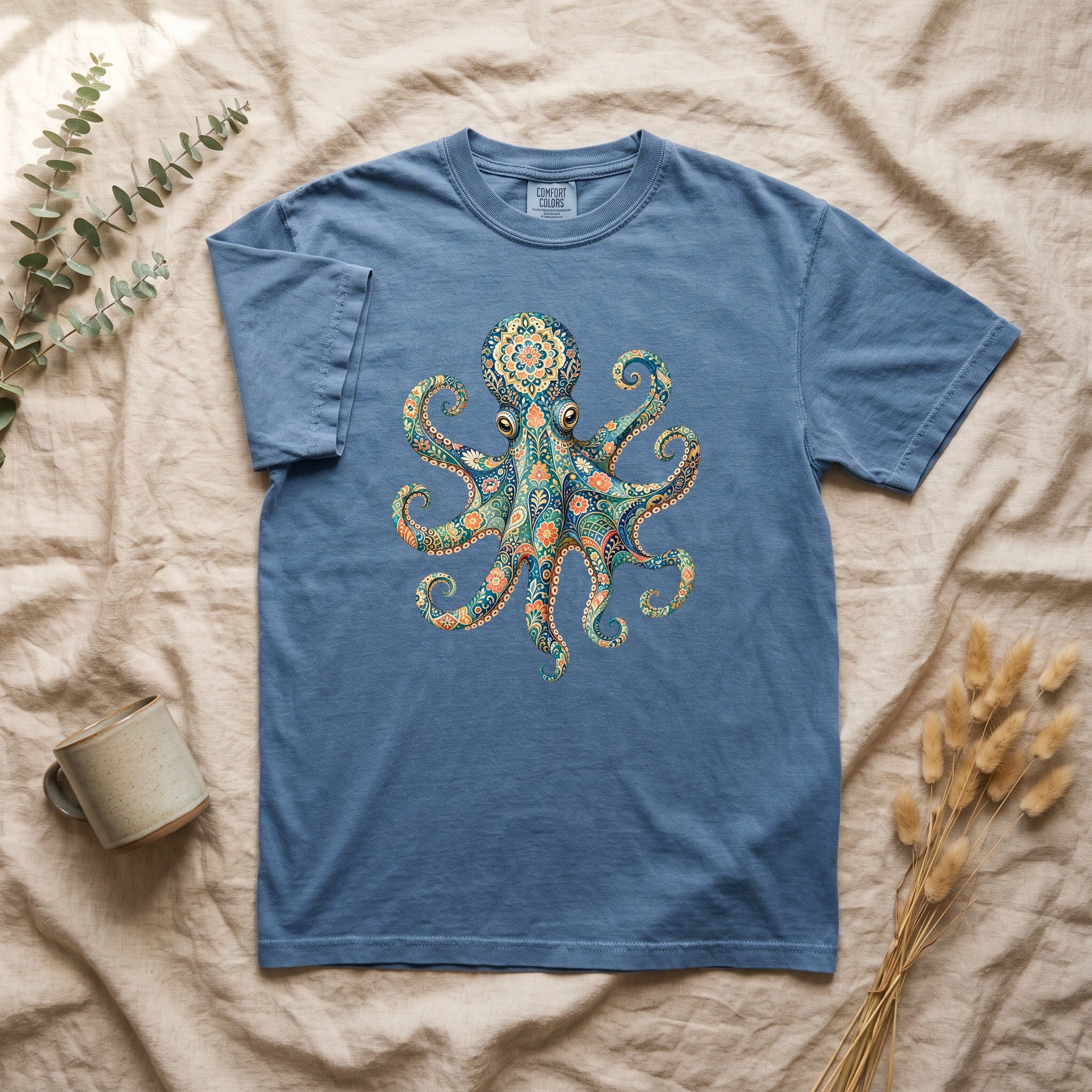 Boho Octopus Shirt, Folk Art Octopus Tee, Japanese Pattern Ocean Lover Gift, Vintage Floral Octopus Sweatshirt