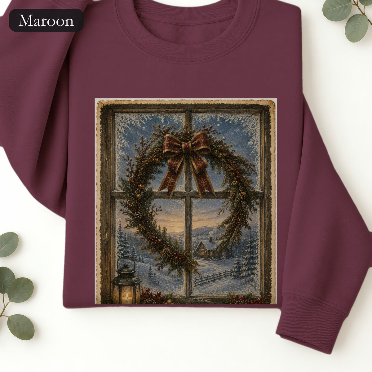 Winter Wreath Window Crewneck Sweatshirt | Vintage Christmas Scene