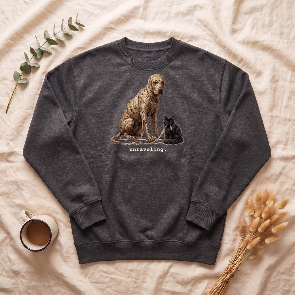 Unraveling Mummy & Cat Sweatshirt, Funny Halloween Mummy Crewneck, Cozy Deadpan Spooky Sweatshirt, Black Cat Lover Gift