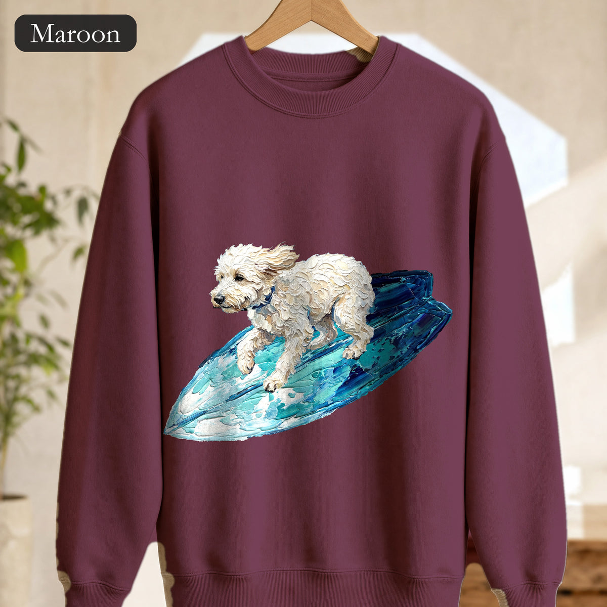 Surfing Dog Shirt, Painterly Surf Dog Tee, Beach Coastal Dog Lover Gift, Summer Ocean Dog Mom Sweatshirt