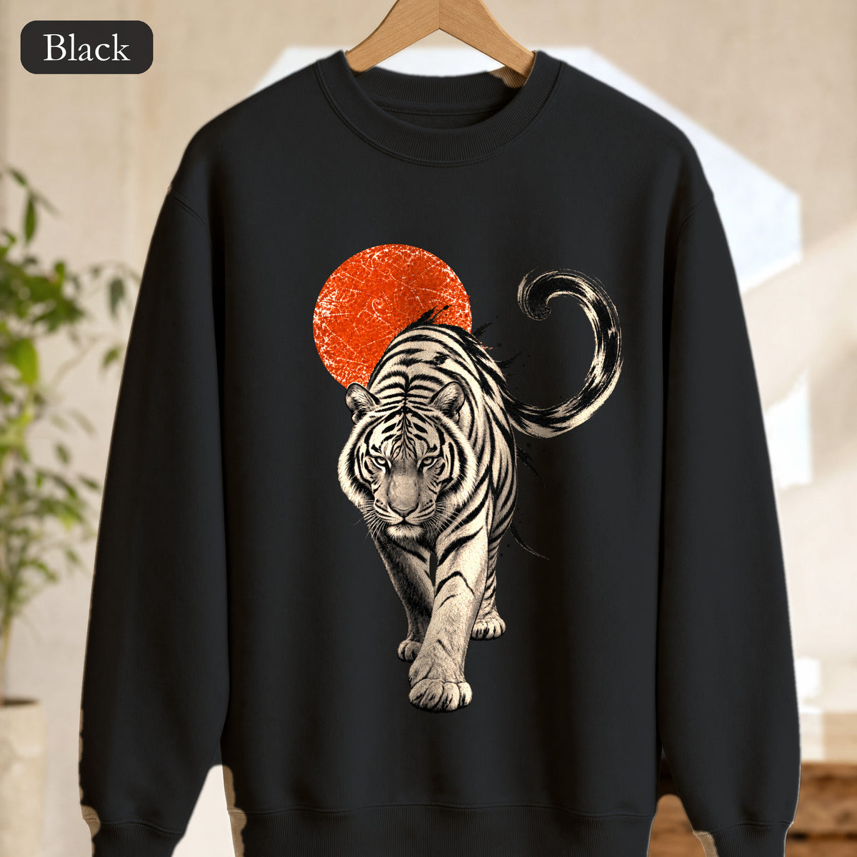 White Tiger with Red Sun Sweatshirt, Japanese Woodblock Tiger Crewneck, Red Sun Graphic Gift, Asian Art Sweatshirt