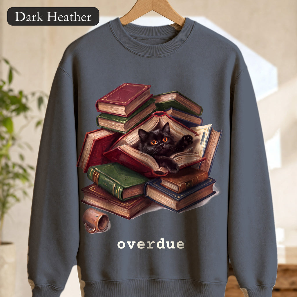 Overdue Cat & Books Sweatshirt, Funny Librarian Crewneck, Bookworm Book Lover Sweatshirt, Library Staff Reader Gift