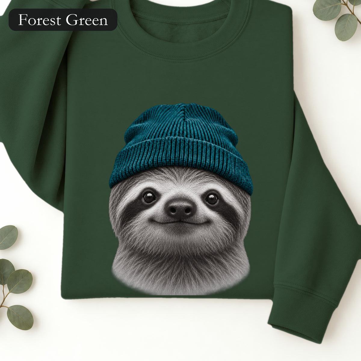 Sloth Wearing Knit Beanie | Cozy Winter Animal Crewneck