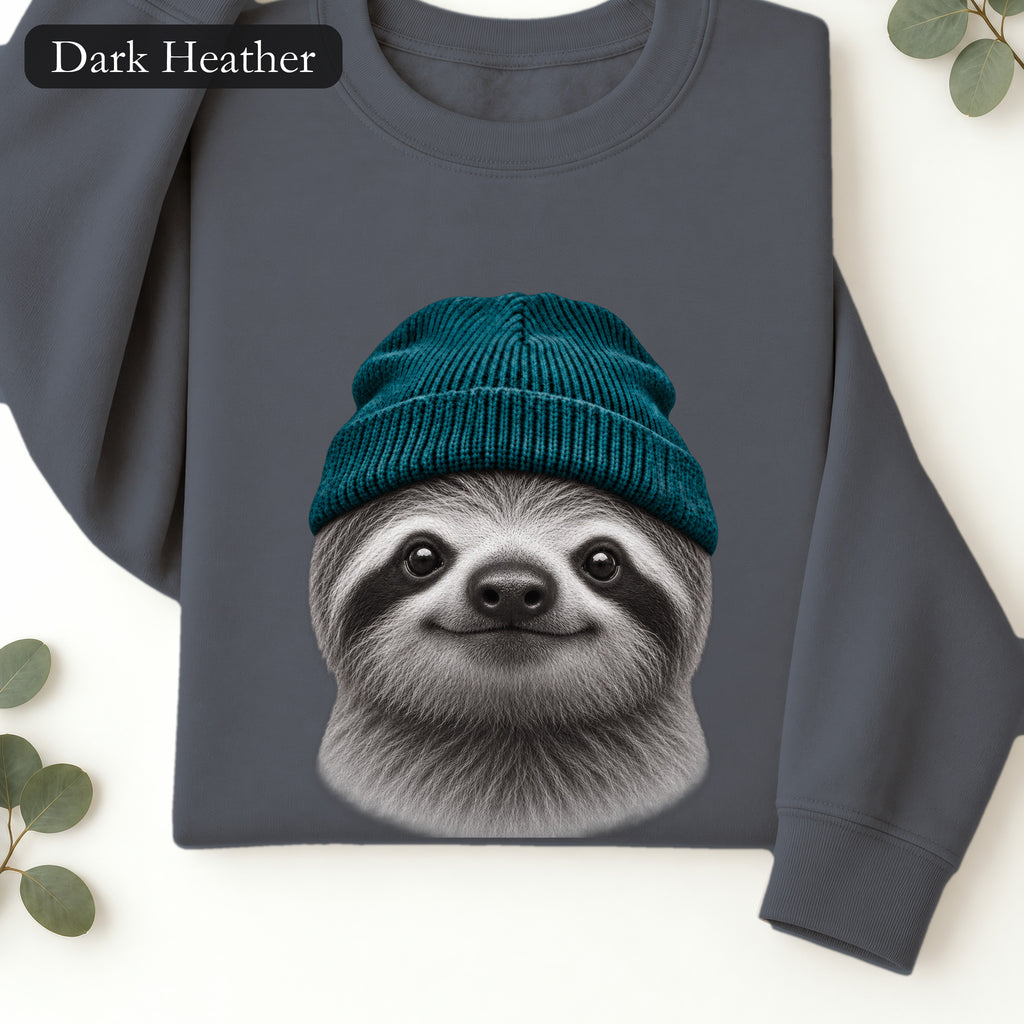 Sloth Wearing Knit Beanie | Cozy Winter Animal Crewneck