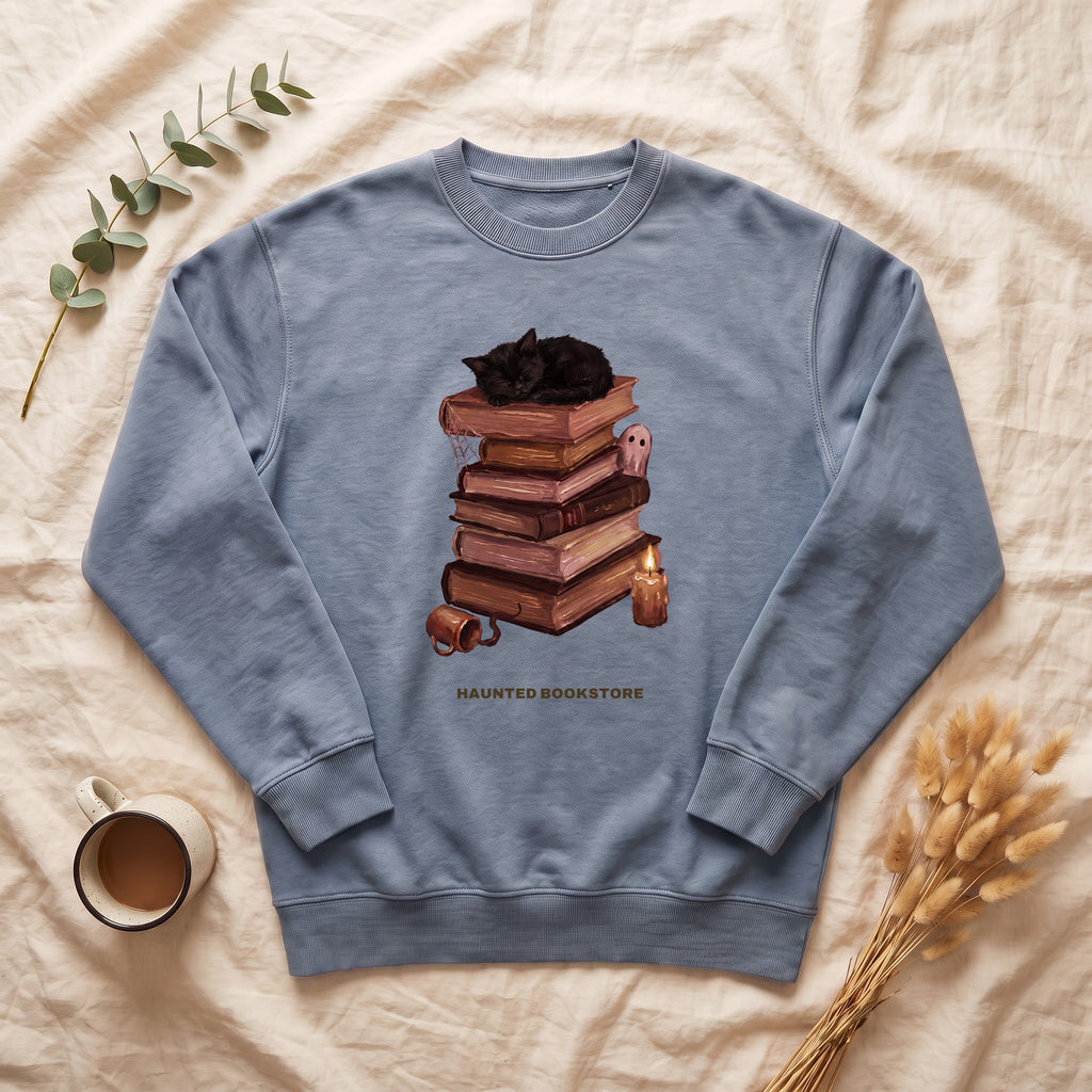 Haunted Bookstore Cat Sweatshirt, Bookish Halloween Crewneck, Dark Academia Ghost Sweatshirt, Book Lover Spooky Season Gift