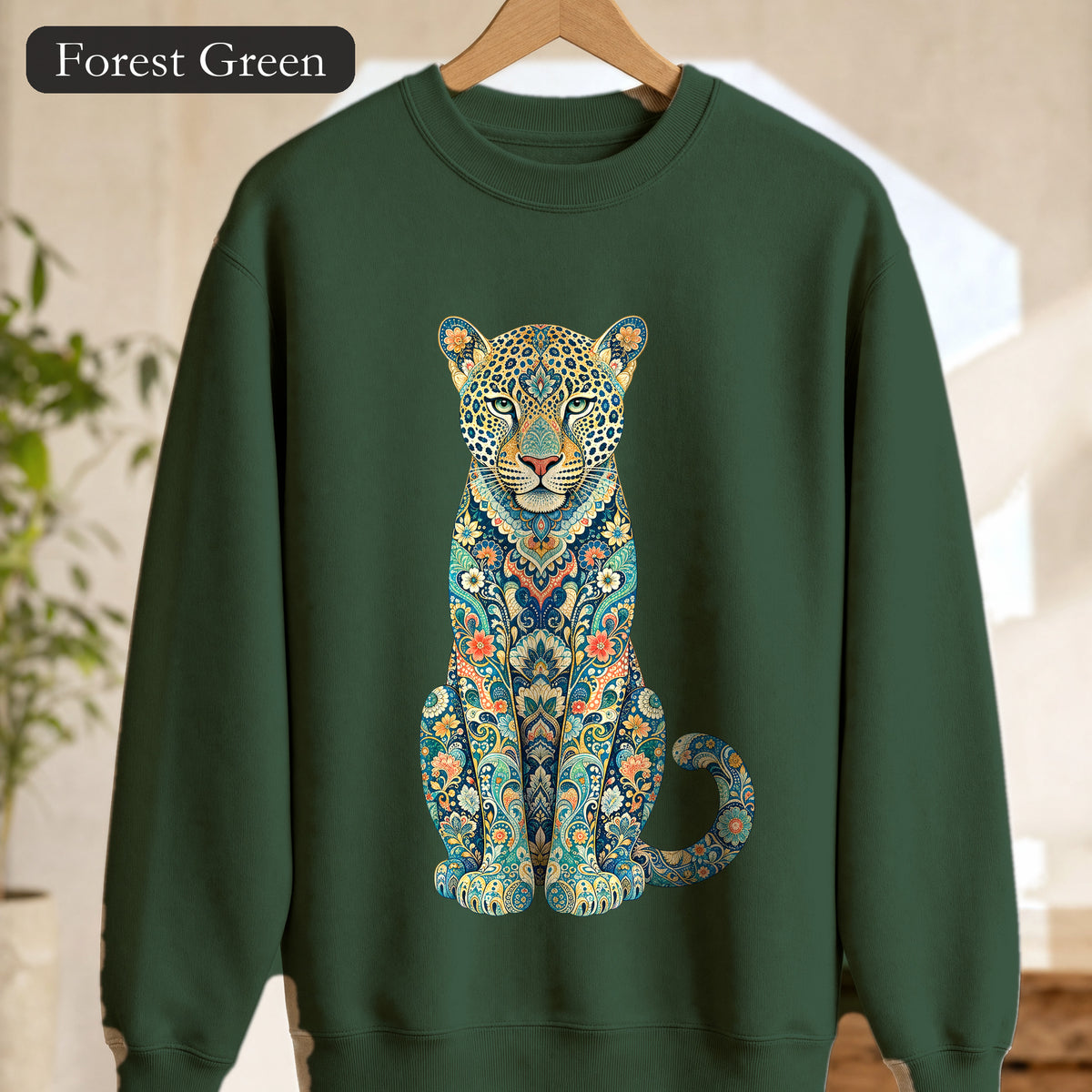 Boho Leopard Shirt, Folk Art Leopard Tee, Japanese Pattern Big Cat Lover Gift, Vintage Floral Leopard Sweatshirt