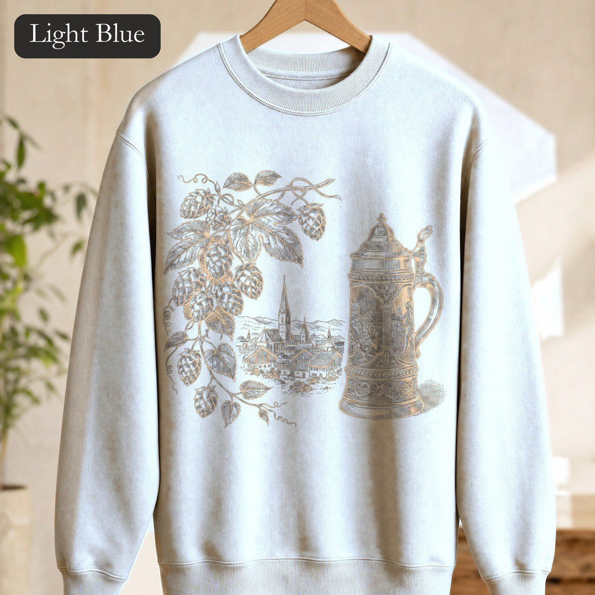 Vintage Beer Stein Illustration Sweatshirt | Hops Vine Scenic Design