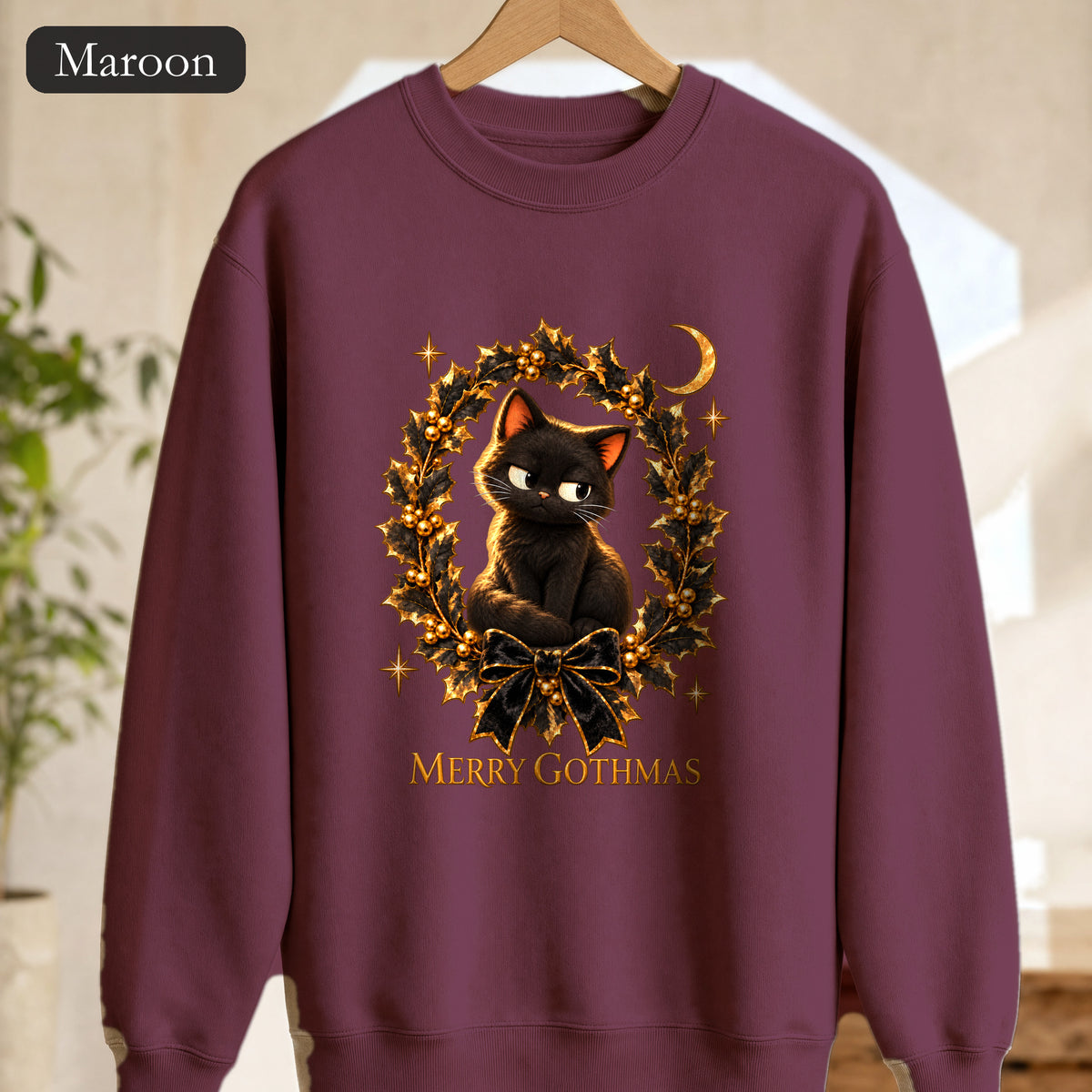 Merry Gothmas Black Cat Sweatshirt | Gothic Christmas Holly Wreath and Crescent Moon, Spooky Cat Lover Holiday Gift