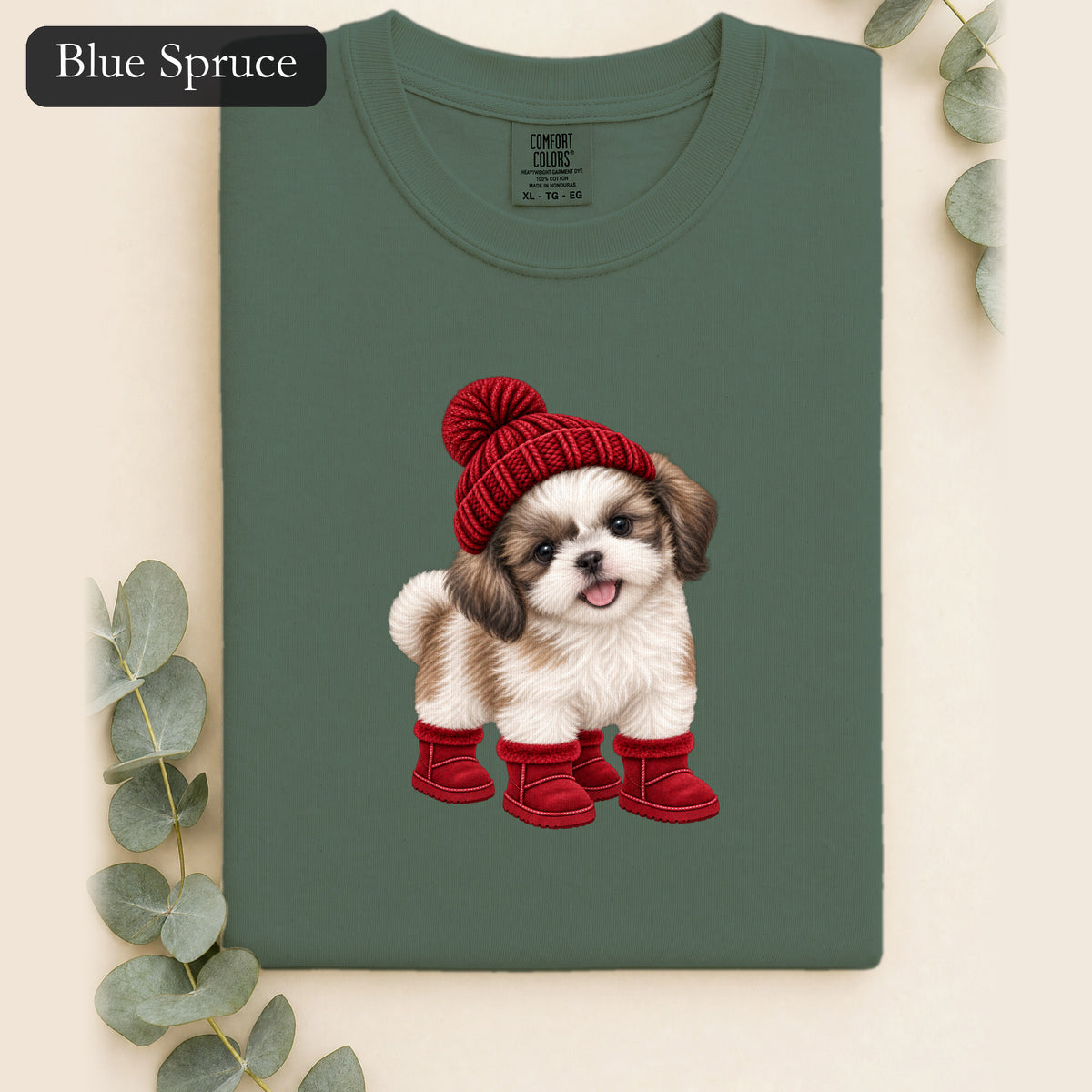Shih Tzu Puppy in Red Beanie & Boots Shirt | Cute Dog Tee