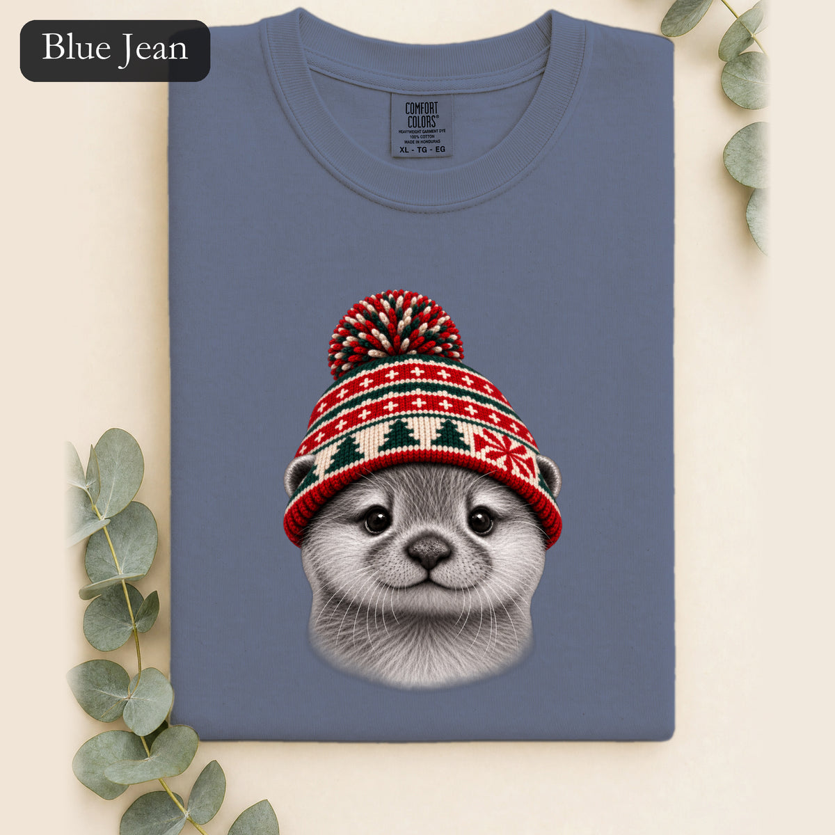Otter Wearing Knit Christmas Winter Hat Shirt | Cute Holiday Animal Tee