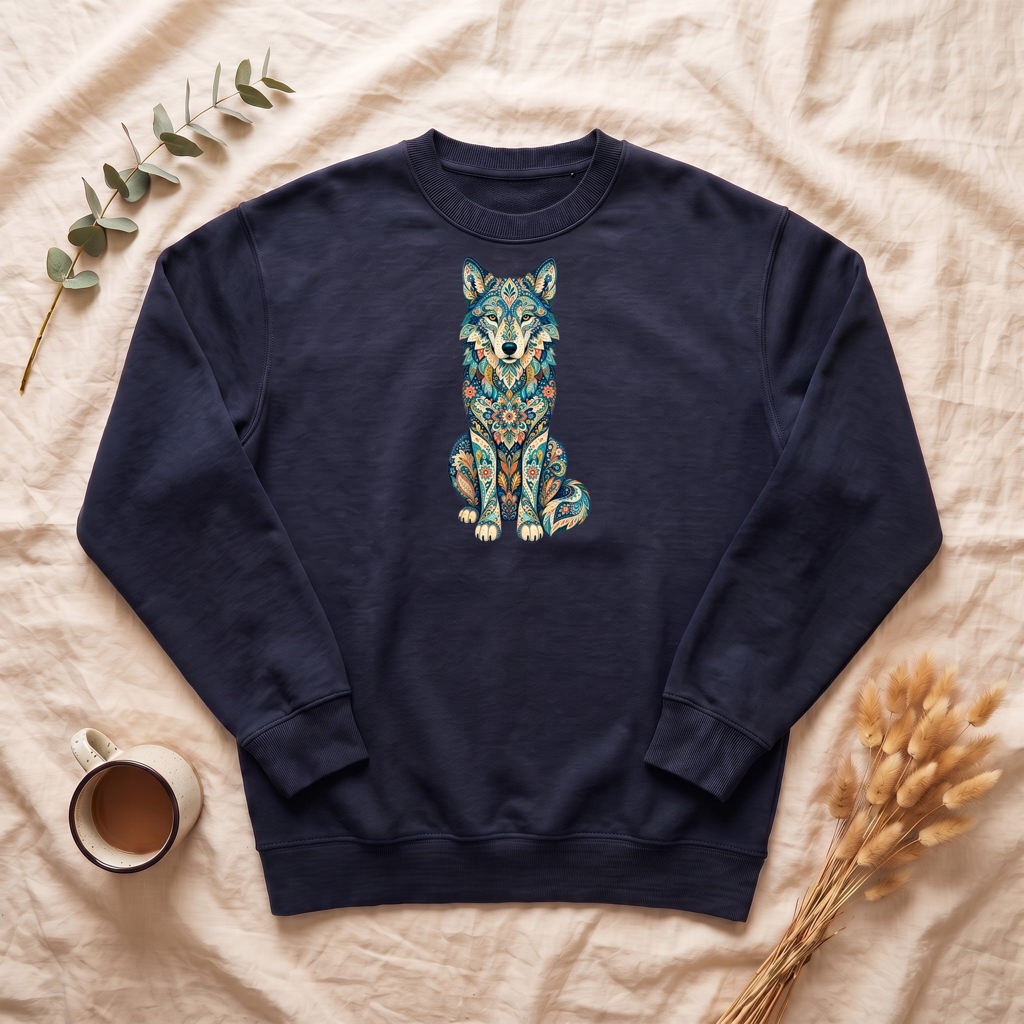 Boho Wolf Shirt, Folk Art Wolf Tee, Japanese Pattern Wolf Lover Gift, Vintage Floral Wolf Sweatshirt