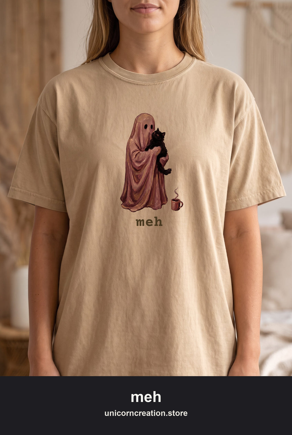 Meh Ghost Holding Cat Shirt, Deadpan Halloween Tee, Oversized Cozy Ghost Tee, Funny Black Cat Lover Gift