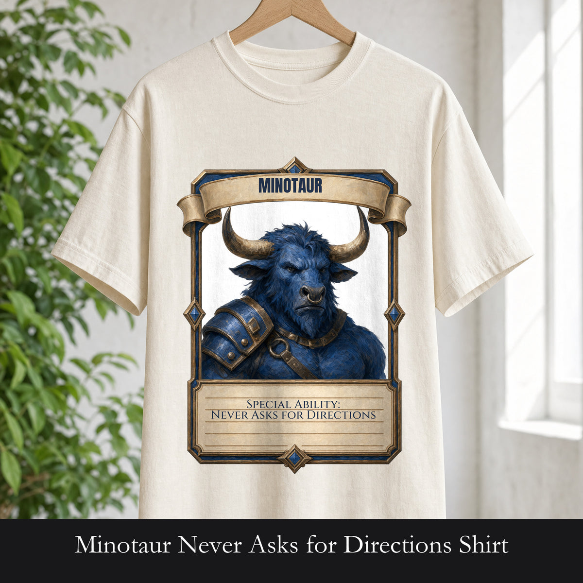 Minotaur Never Asks for Directions Shirt, Funny RPG Stat Card Tee, Tabletop Gamer D20 Gift, Fantasy Dungeon Sweatshirt