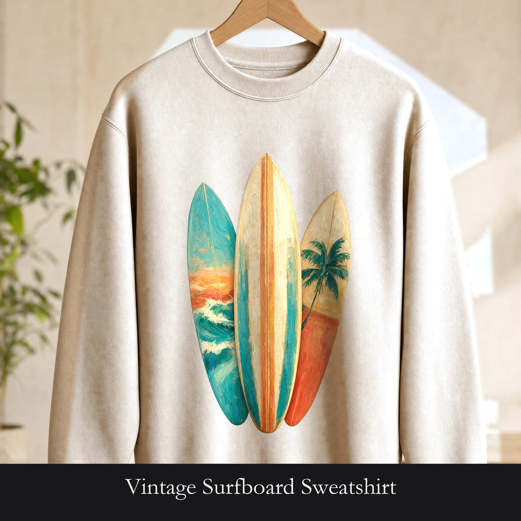 Vintage Surfboard Sweatshirt, Painterly Surf Art Crewneck, Beach Coastal Surfer Gift, Summer Ocean Pullover
