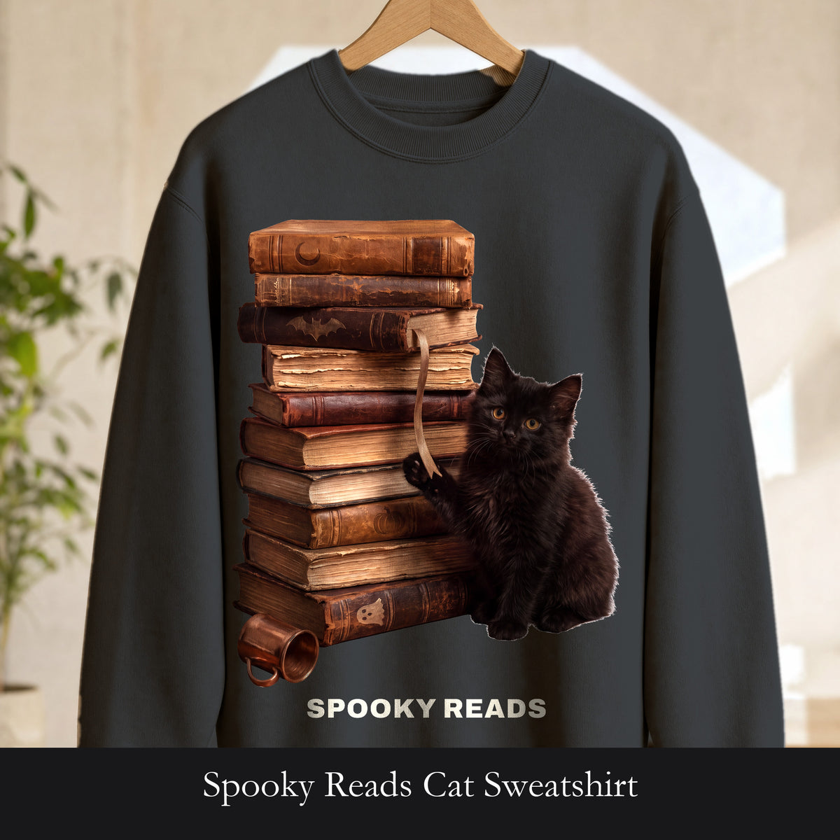 Spooky Reads Cat Sweatshirt, TBR Halloween Book Crewneck, Bookish Spooky Season Sweatshirt, Book Lover Black Cat Gift