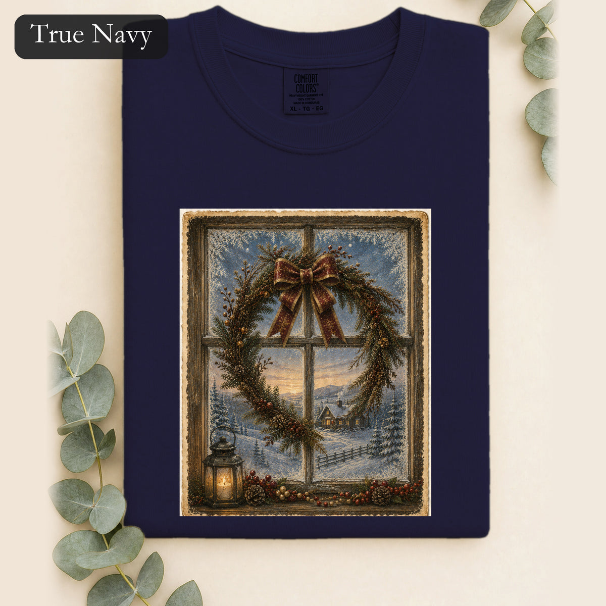 Winter Wreath Window Scene Shirt | Vintage Holiday Postcard