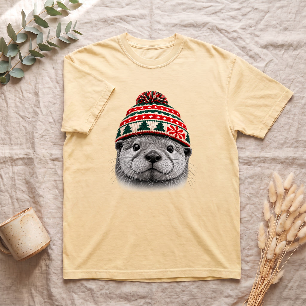 Otter Wearing Knit Winter Hat Shirt | Cute Holiday Animal Tee