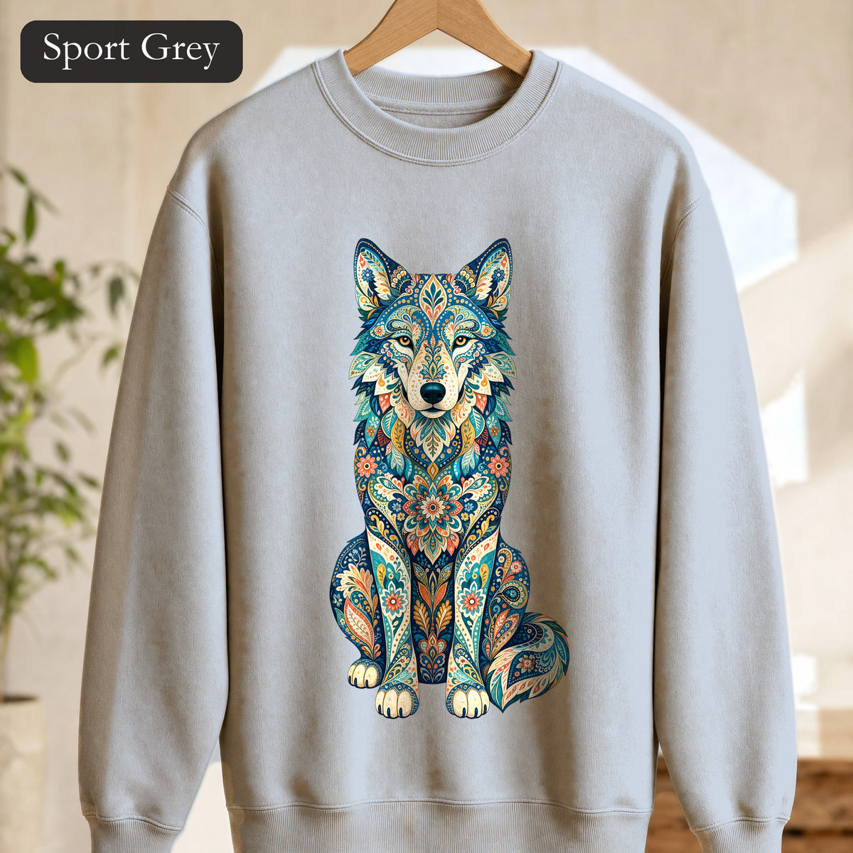 Boho Wolf Shirt, Folk Art Wolf Tee, Japanese Pattern Wolf Lover Gift, Vintage Floral Wolf Sweatshirt