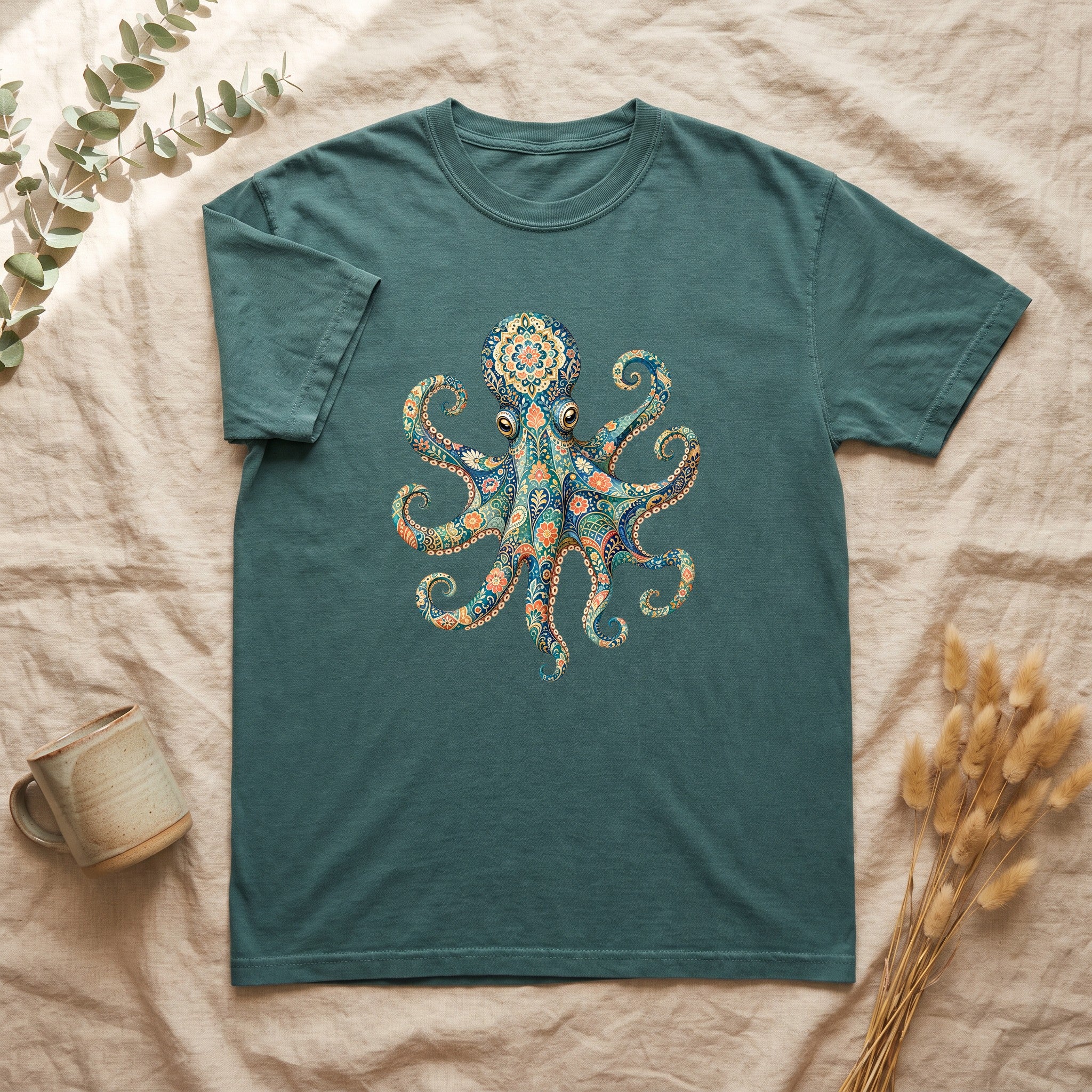 Boho Octopus Shirt, Folk Art Octopus Tee, Japanese Pattern Ocean Lover Gift, Vintage Floral Octopus Sweatshirt