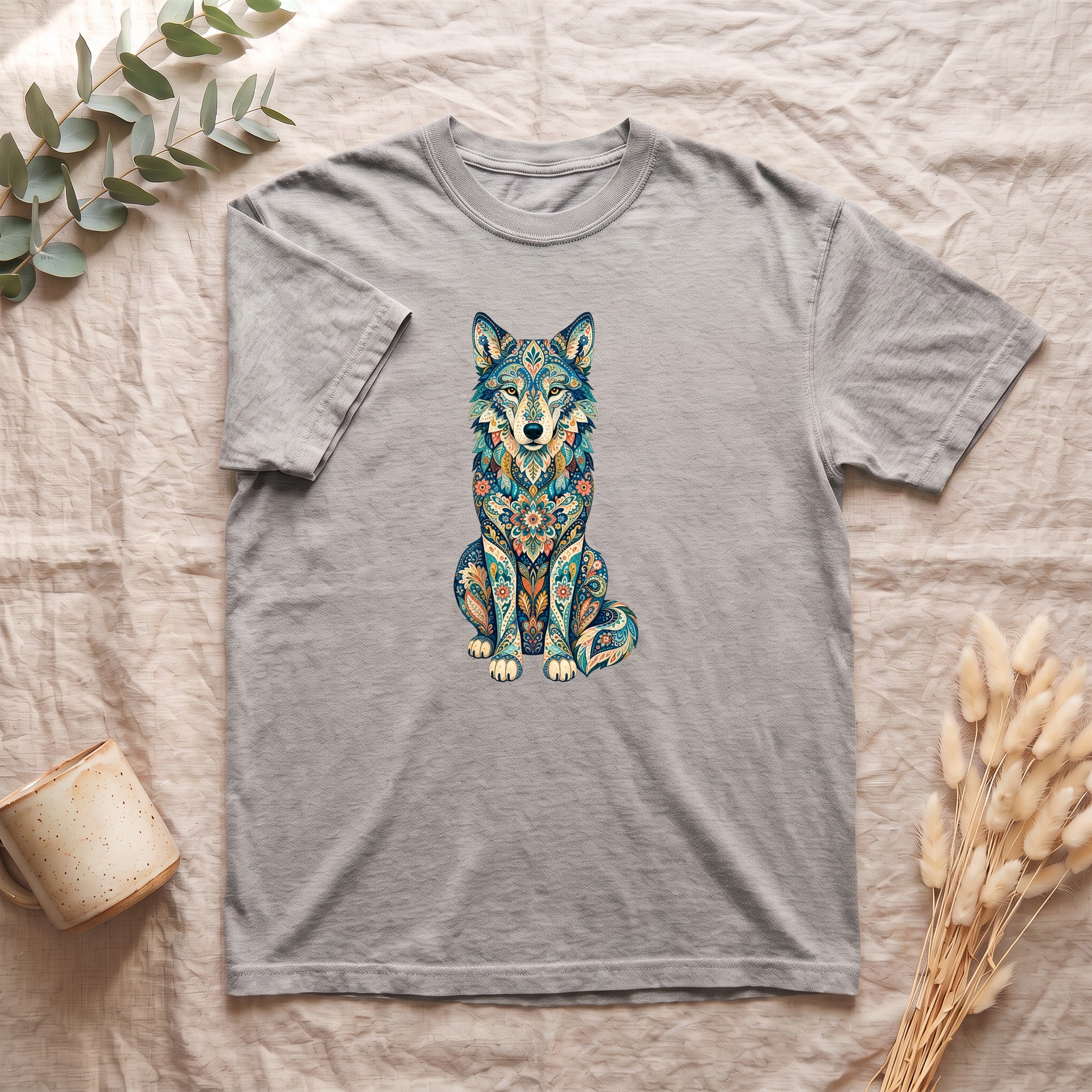 Boho Wolf Shirt, Folk Art Wolf Tee, Japanese Pattern Wolf Lover Gift, Vintage Floral Wolf Sweatshirt