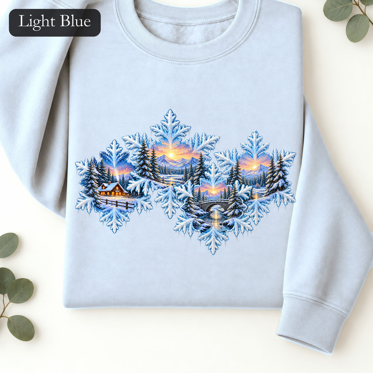 Snowflake Scenic Sunset Crewneck Sweatshirt | Winter Lake Landscape