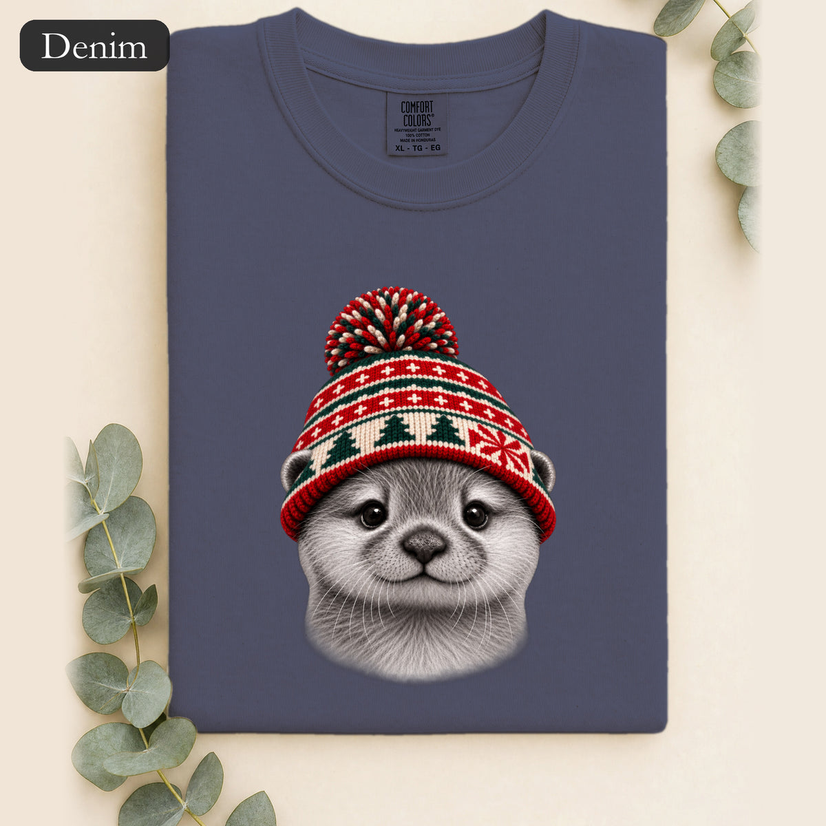 Otter Wearing Knit Christmas Winter Hat Shirt | Cute Holiday Animal Tee