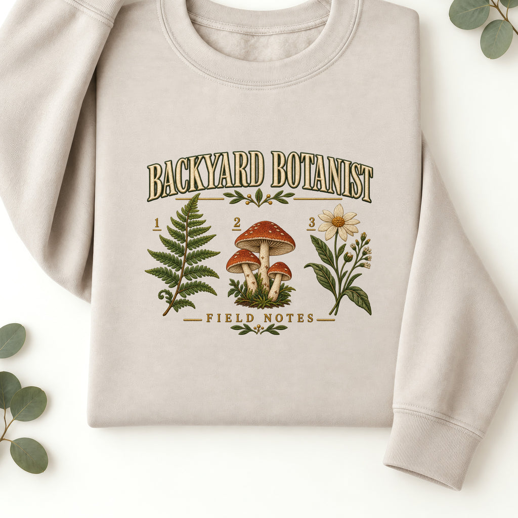 Backyard Botanist Field Notes Mushroom and Wildflower Sweatshirt | Faux Embroidery