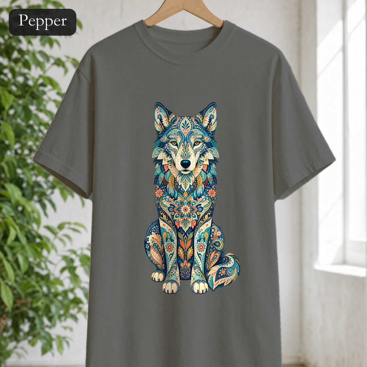 Boho Wolf Shirt, Folk Art Wolf Tee, Japanese Pattern Wolf Lover Gift, Vintage Floral Wolf Sweatshirt