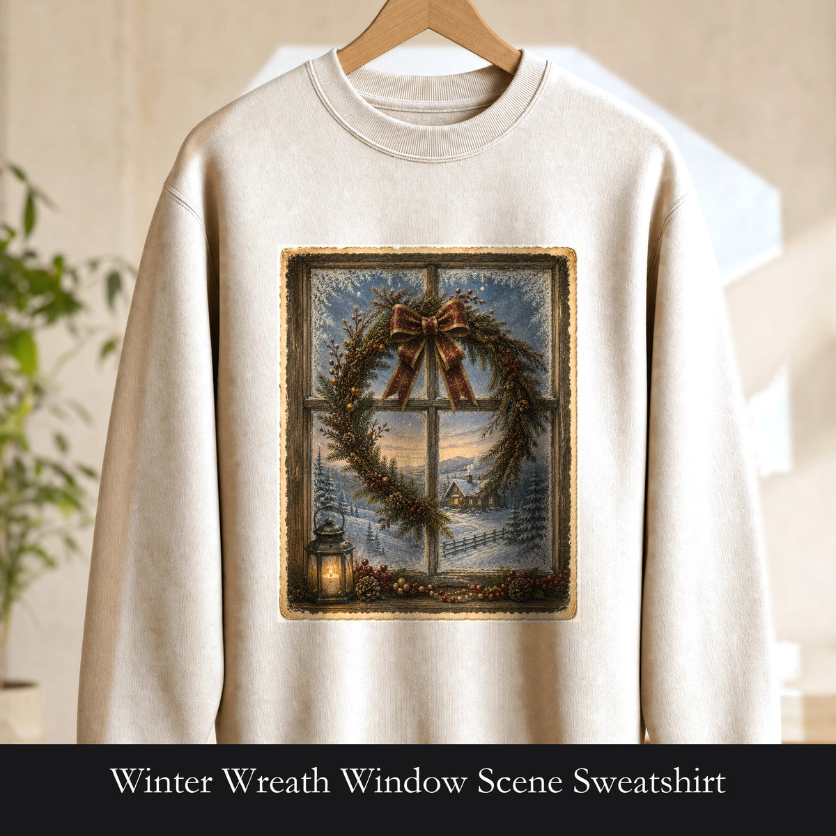 Winter Wreath Window Scene Sweatshirt | Vintage Holiday Postcard