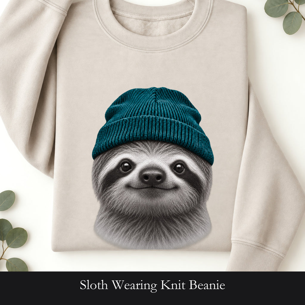 Sloth Wearing Knit Beanie | Cozy Winter Animal Crewneck